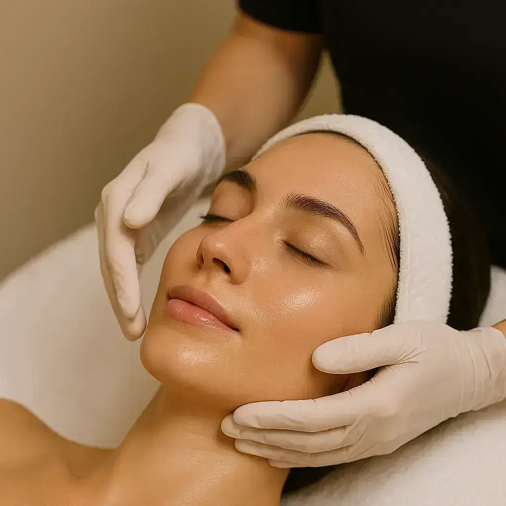 Woman receiving relaxing facial treatment with glowing skin at Express Med Spa