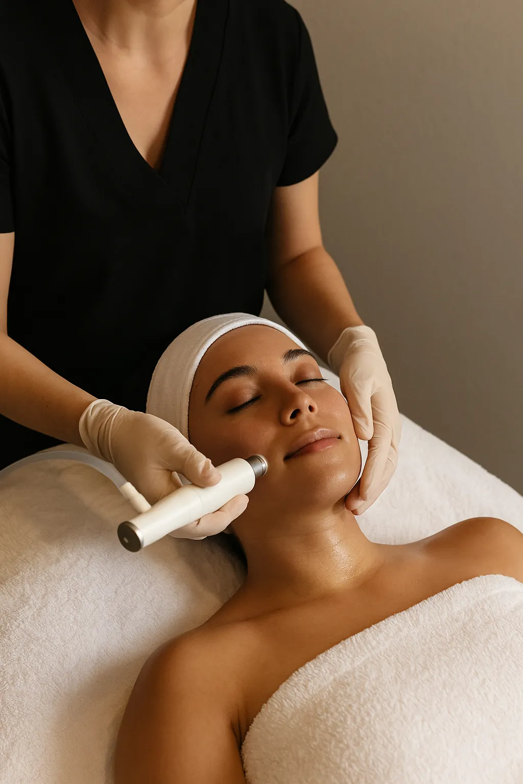 Esthetician performing a gentle facial procedure using an oxygen infusion tool